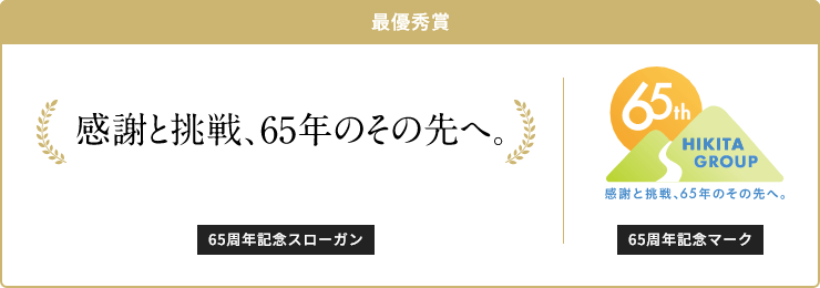 最優秀賞　65周年記念スローガン　感謝と挑戦、65年のその先へ。　65周年記念マーク